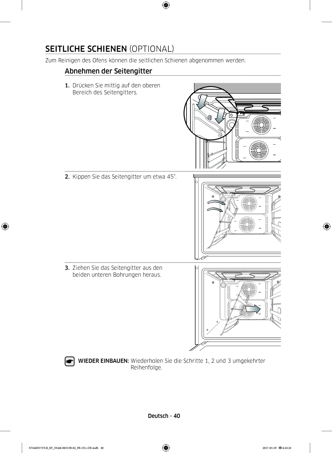 Samsung NV66H5737LB/EF manual Seitliche Schienen Optional, Abnehmen der Seitengitter 