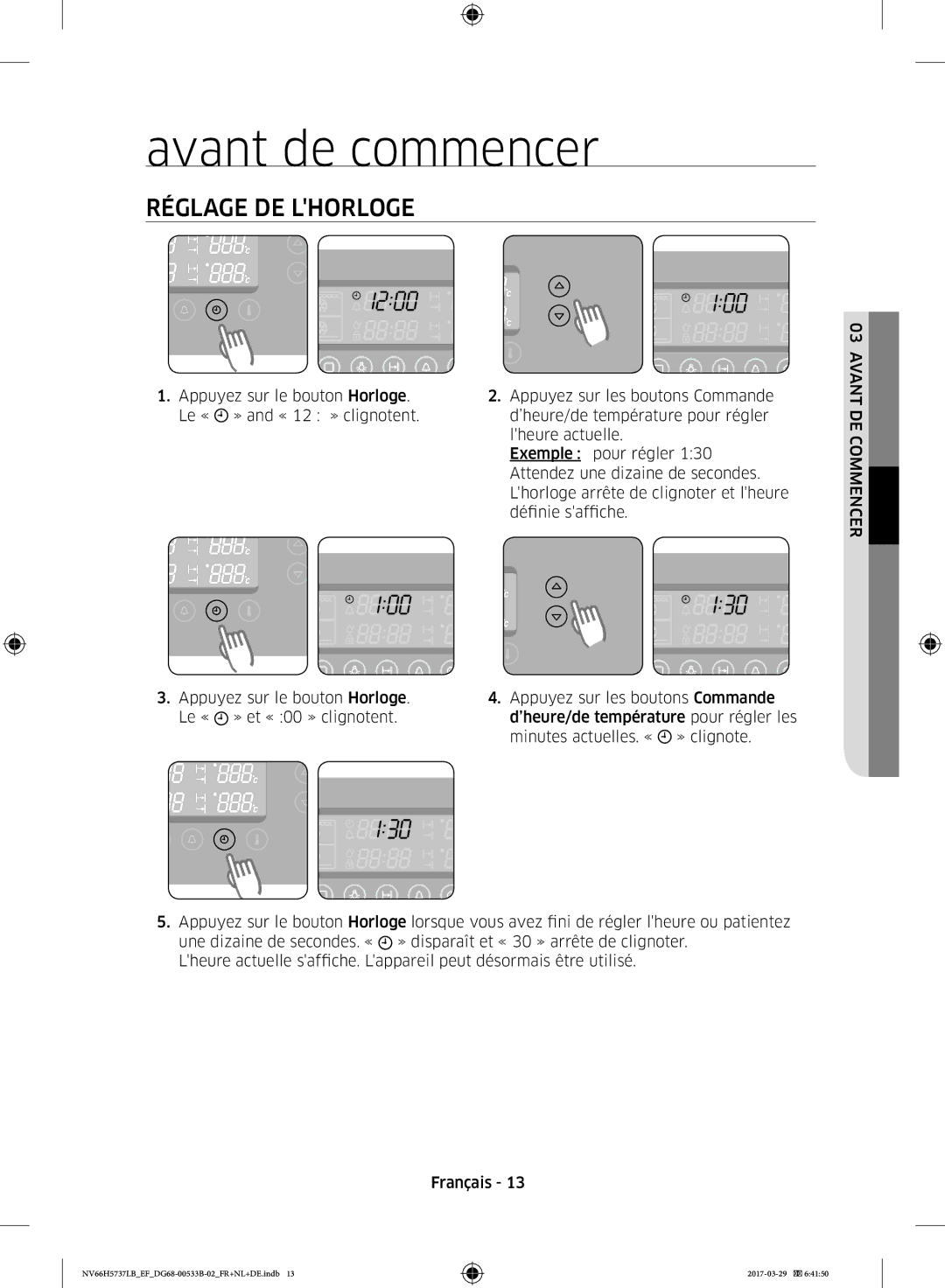 Samsung NV66H5737LB/EF manual Avant de commencer, Réglage DE Lhorloge 