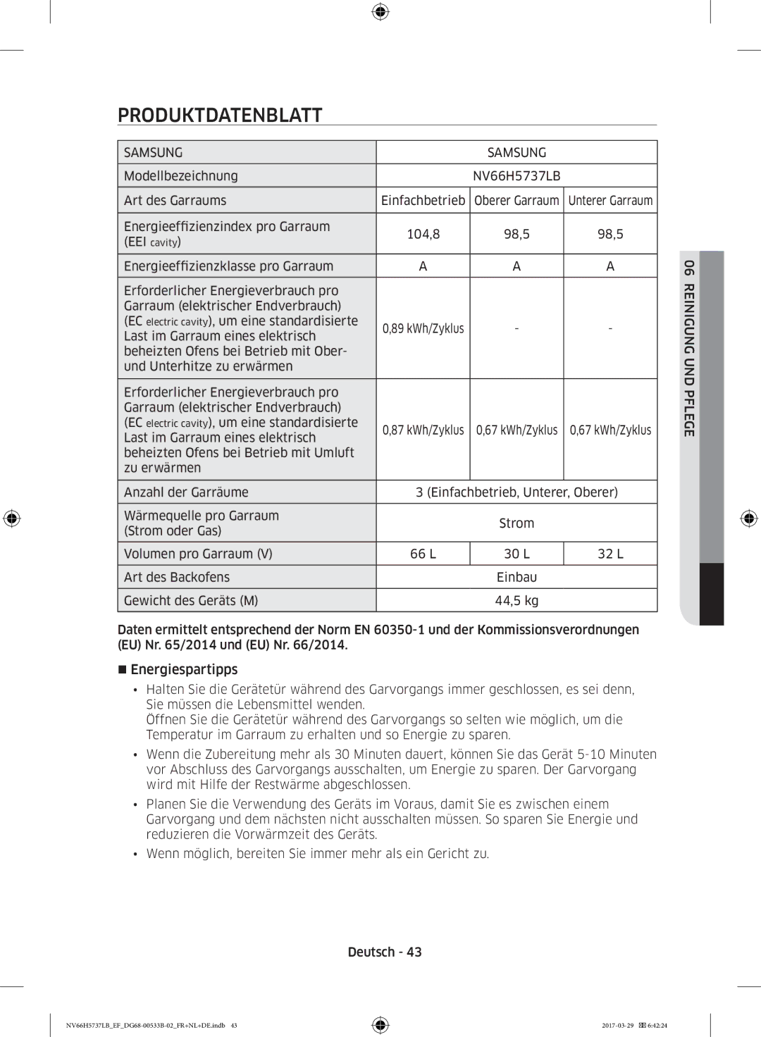 Samsung NV66H5737LB/EF manual Produktdatenblatt, Last im Garraum eines elektrisch 