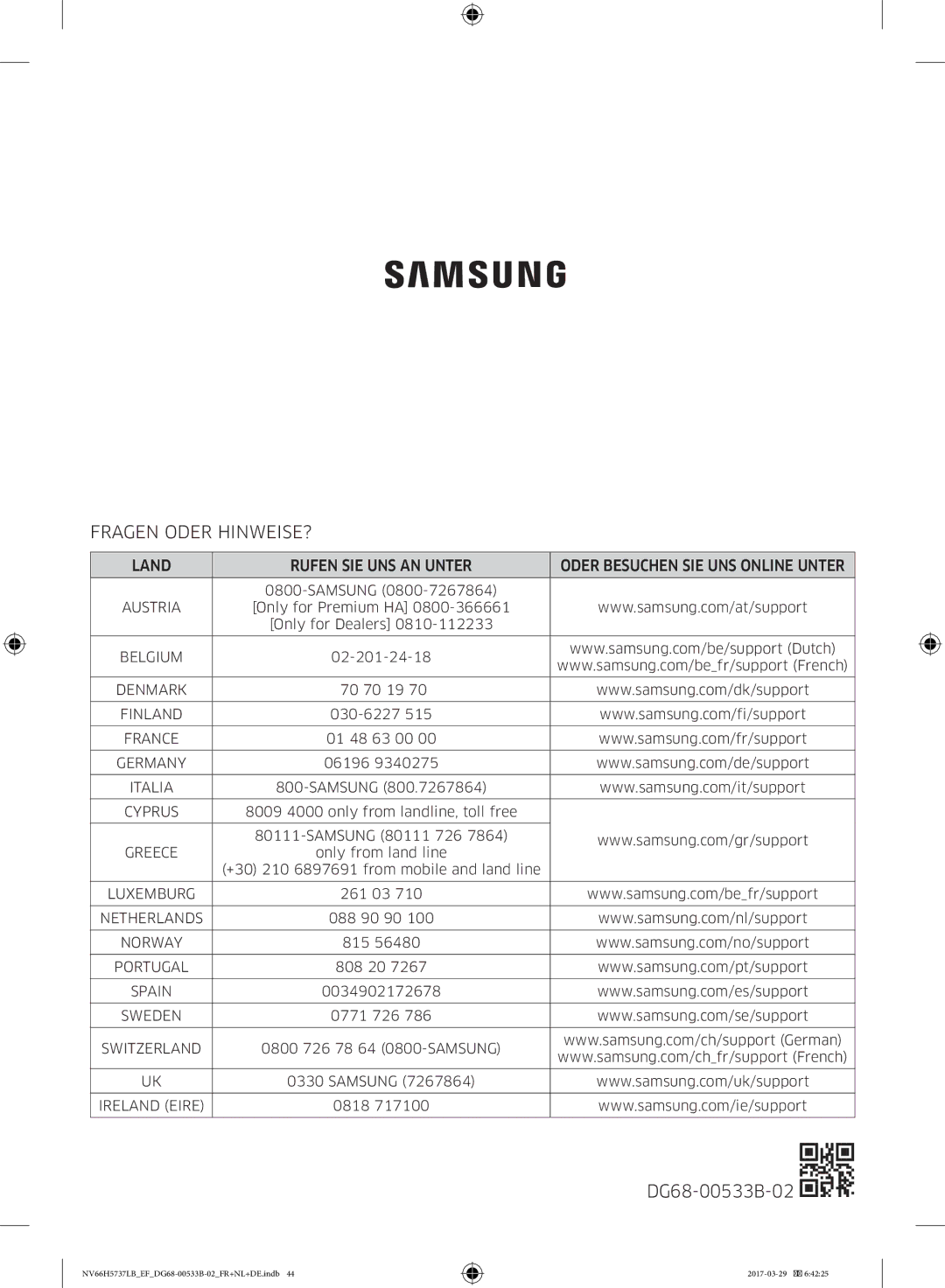 Samsung NV66H5737LB/EF manual Fragen Oder HINWEISE?, Land Rufen SIE UNS AN Unter 