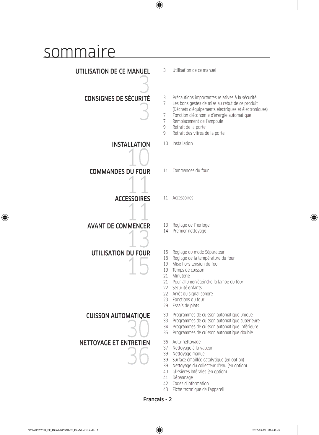 Samsung NV66H5737LB/EF manual Sommaire, Français 