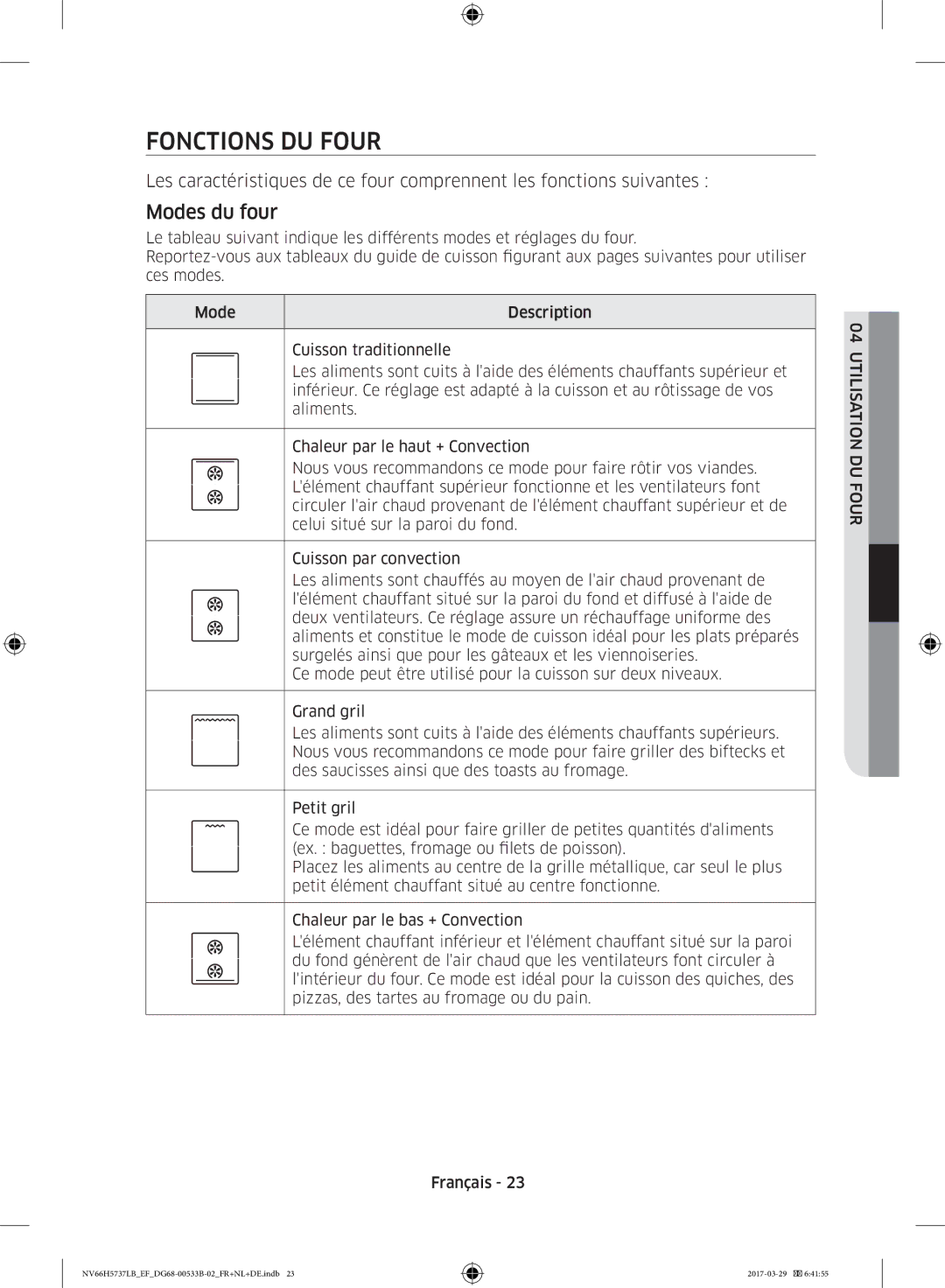 Samsung NV66H5737LB/EF manual Fonctions DU Four, Modes du four 