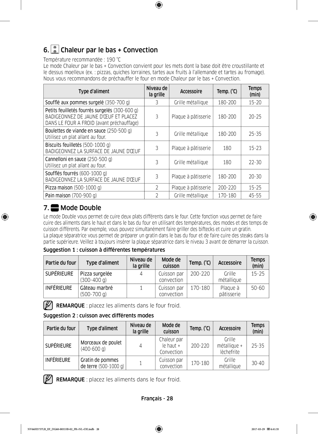 Samsung NV66H5737LB/EF manual Chaleur par le bas + Convection, Supérieure, Inférieure 