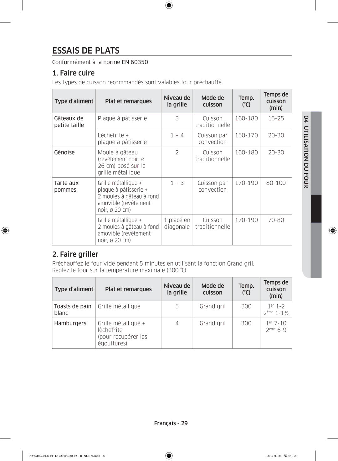 Samsung NV66H5737LB/EF manual Essais DE Plats, Faire cuire, Faire griller 