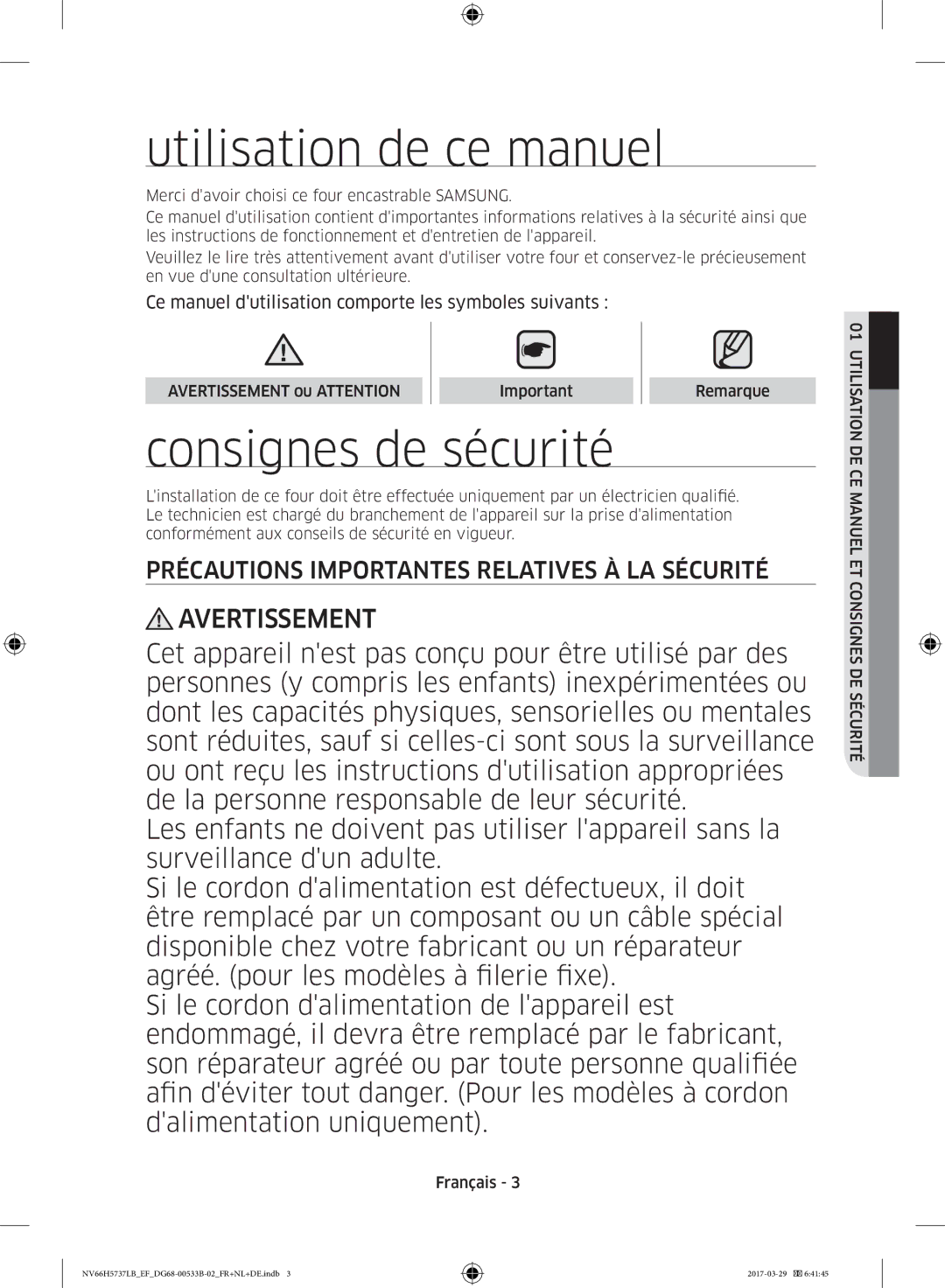 Samsung NV66H5737LB/EF Utilisation de ce manuel, Consignes de sécurité, Précautions Importantes Relatives À LA Sécurité 