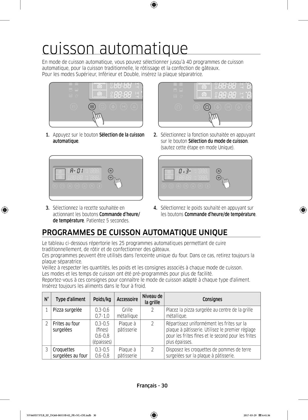 Samsung NV66H5737LB/EF manual Cuisson automatique, Programmes DE Cuisson Automatique Unique 