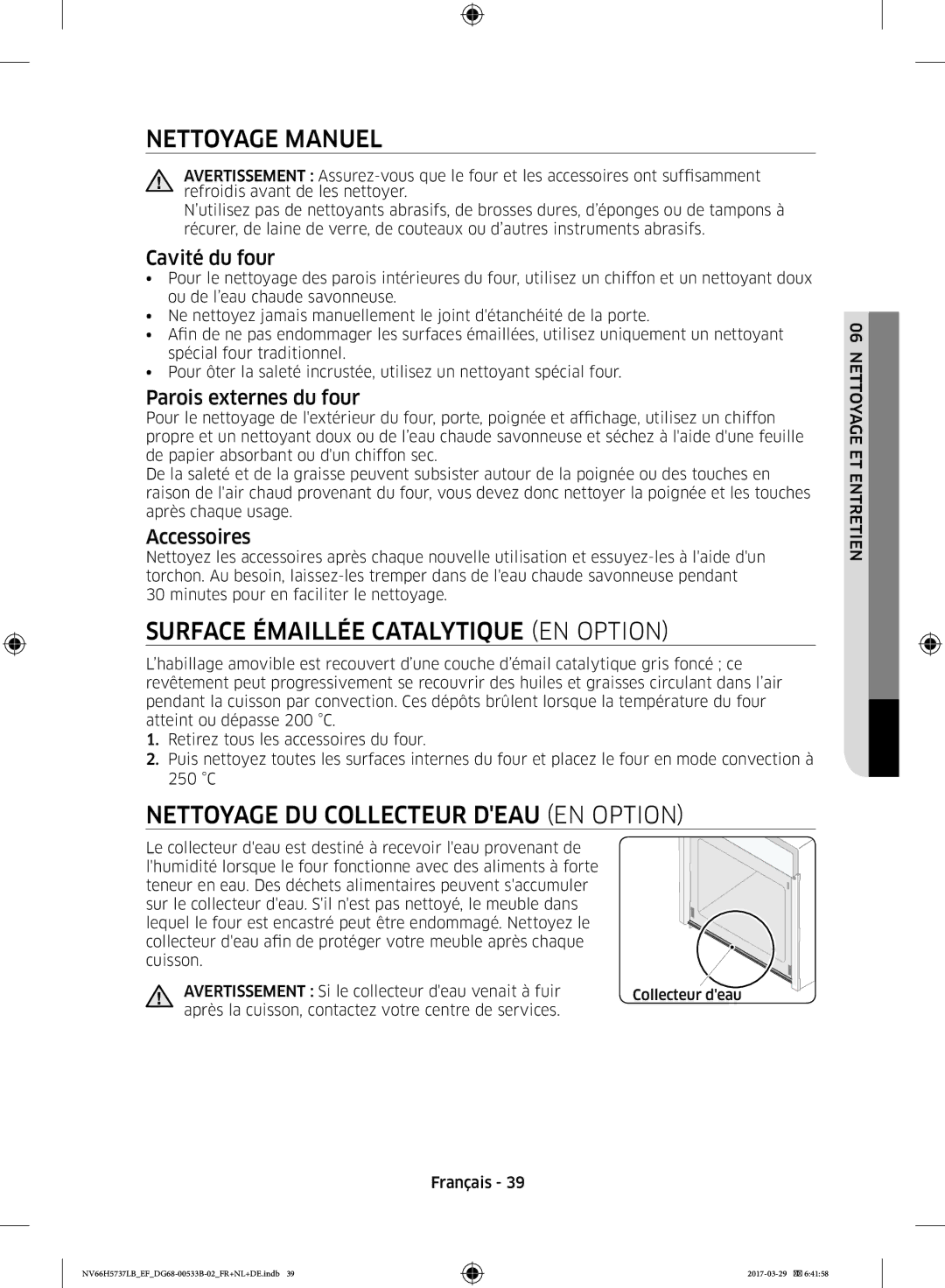 Samsung NV66H5737LB/EF Nettoyage Manuel, Surface Émaillée Catalytique EN Option, Nettoyage DU Collecteur Deau EN Option 