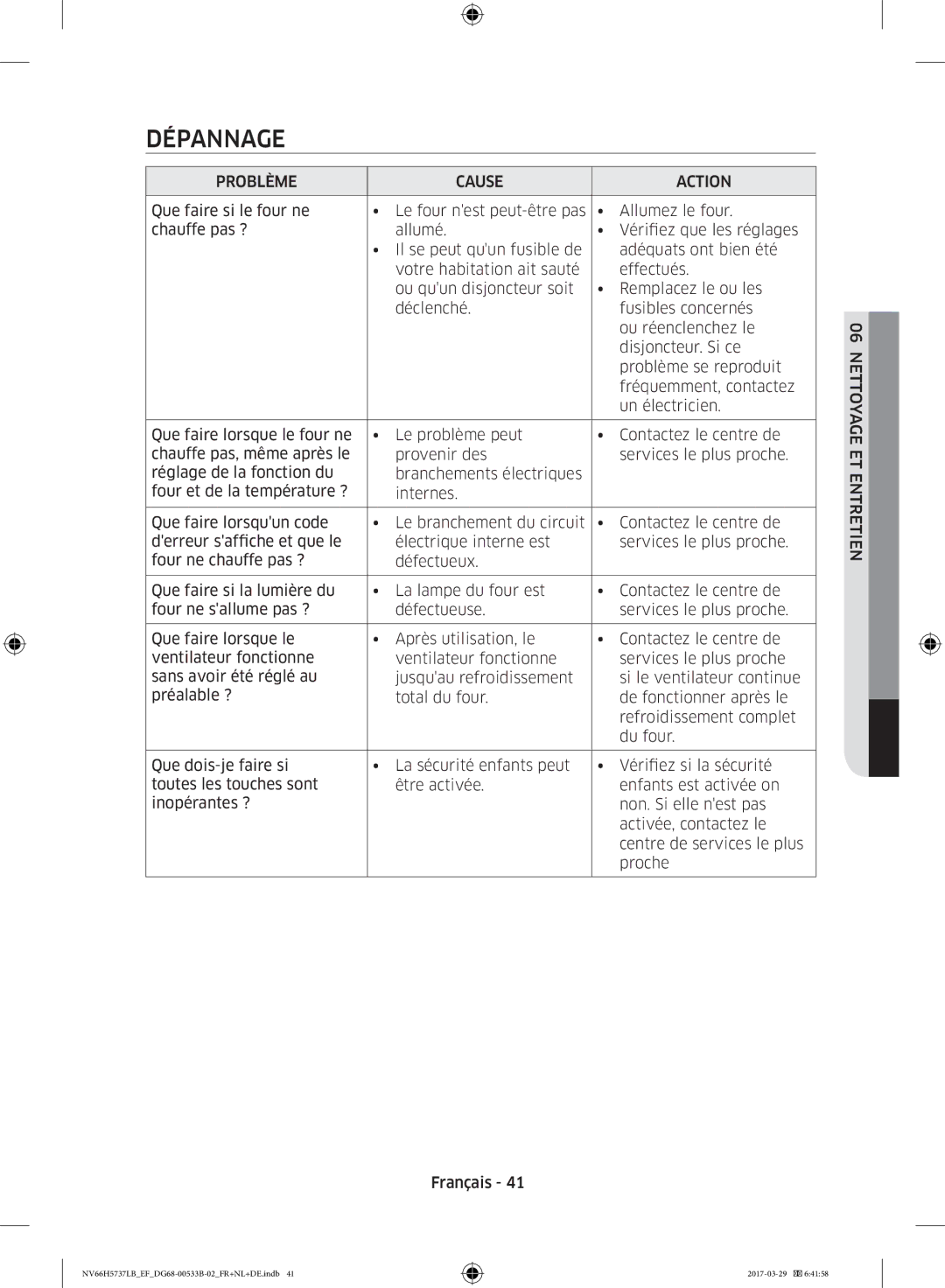 Samsung NV66H5737LB/EF manual Dépannage, Problème Cause Action 