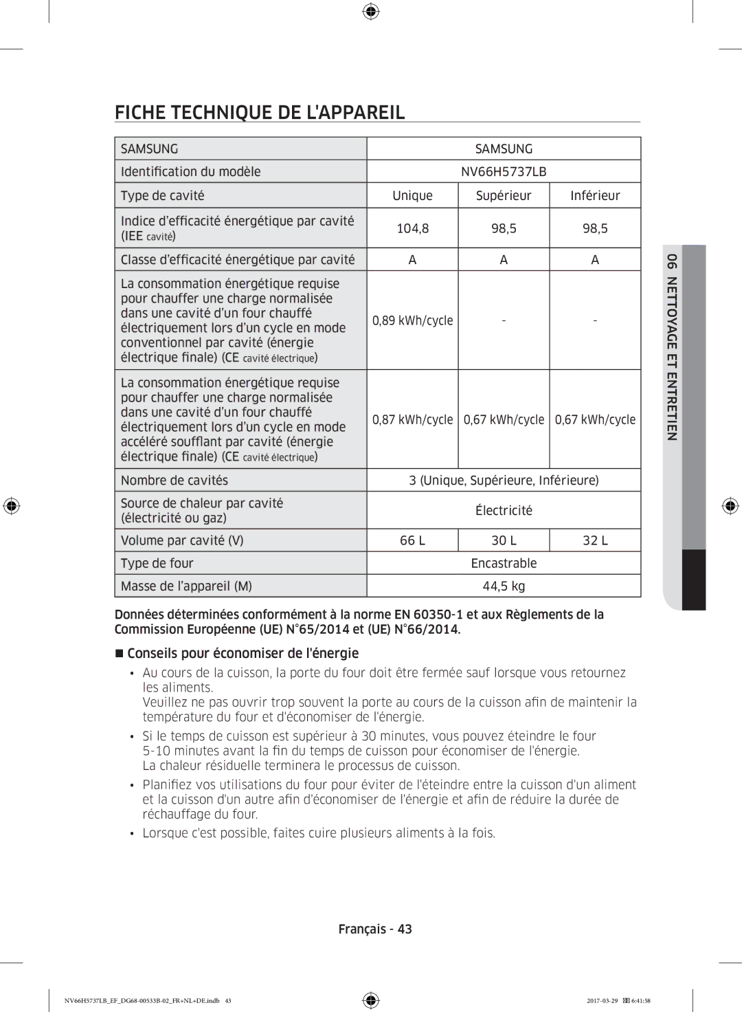 Samsung NV66H5737LB/EF manual Fiche Technique DE Lappareil, Samsung, Électriquement lors d’un cycle en mode 