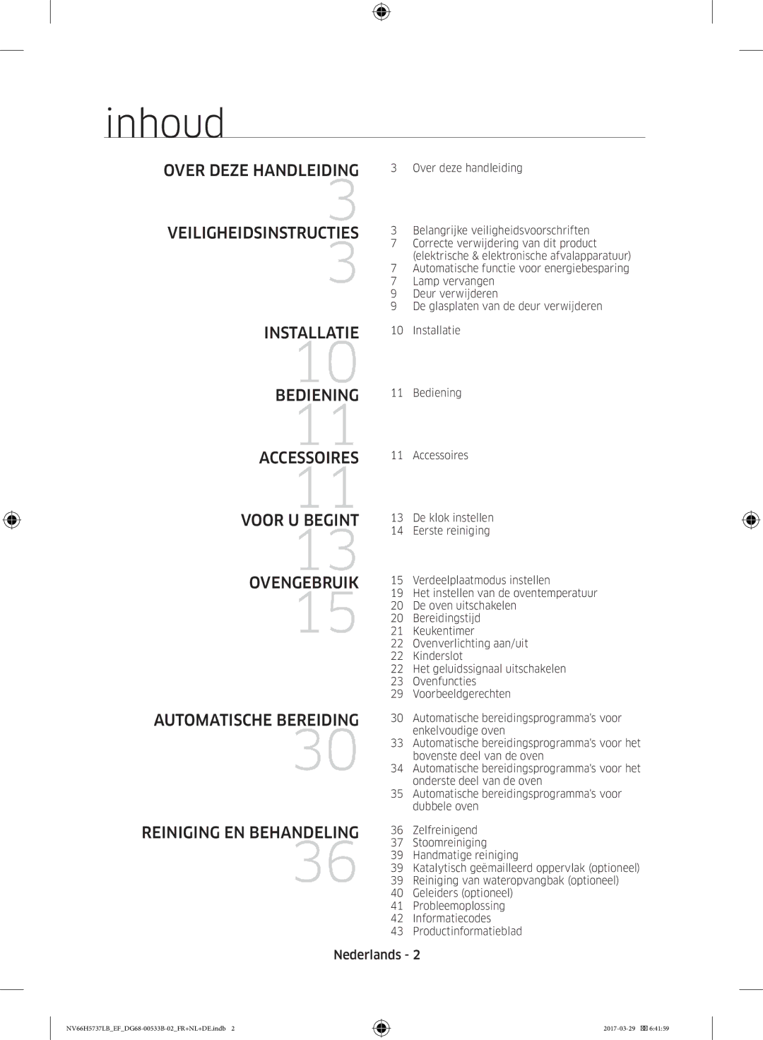 Samsung NV66H5737LB/EF manual Inhoud, Nederlands 