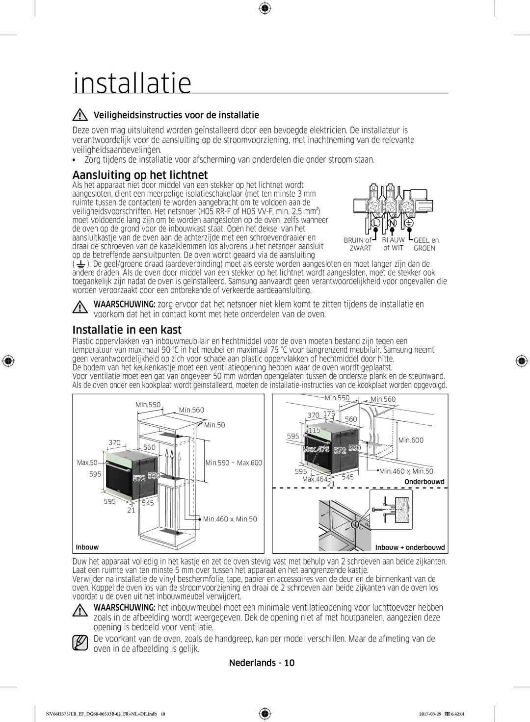 Samsung NV66H5737LB/EF manual Aansluiting op het lichtnet, Installatie in een kast 