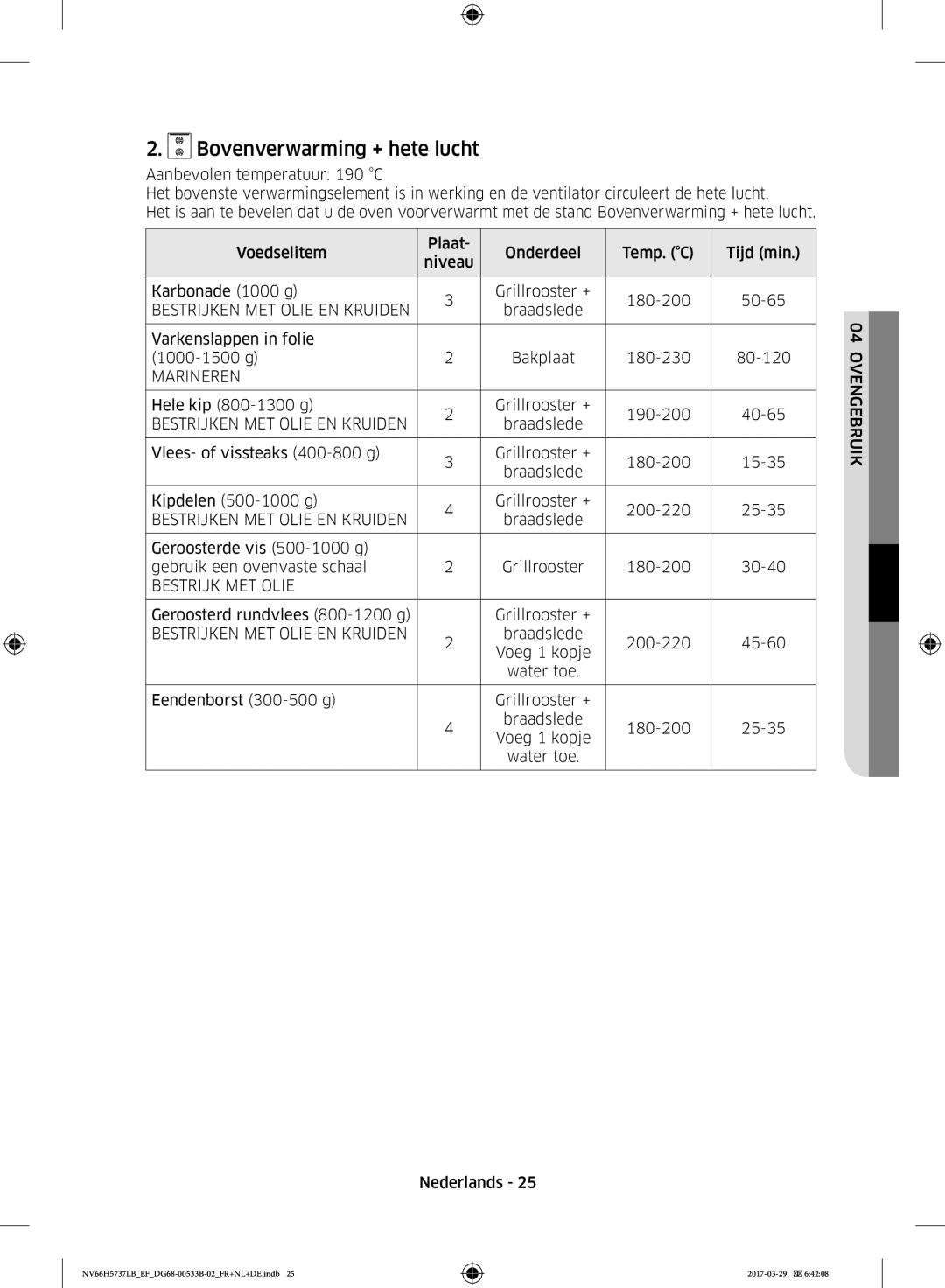 Samsung NV66H5737LB/EF manual Bovenverwarming + hete lucht, Bestrijken MET Olie EN Kruiden, Marineren, Bestrijk MET Olie 