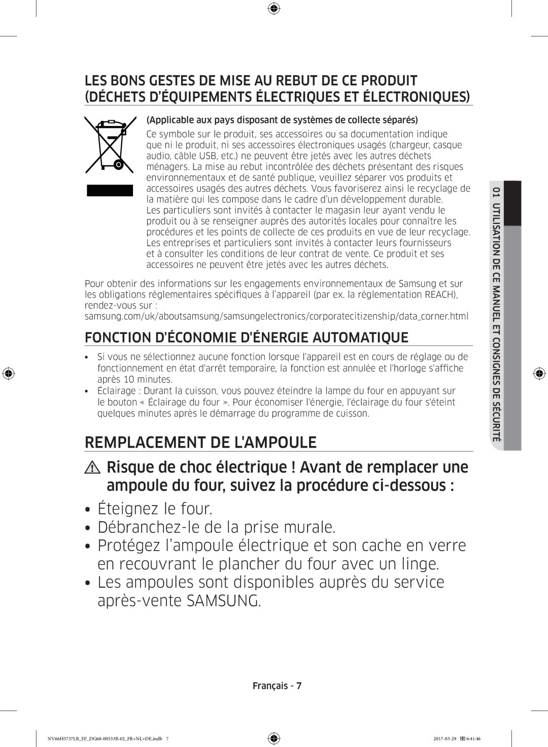 Samsung NV66H5737LB/EF manual Remplacement DE Lampoule, Fonction Déconomie Dénergie Automatique 