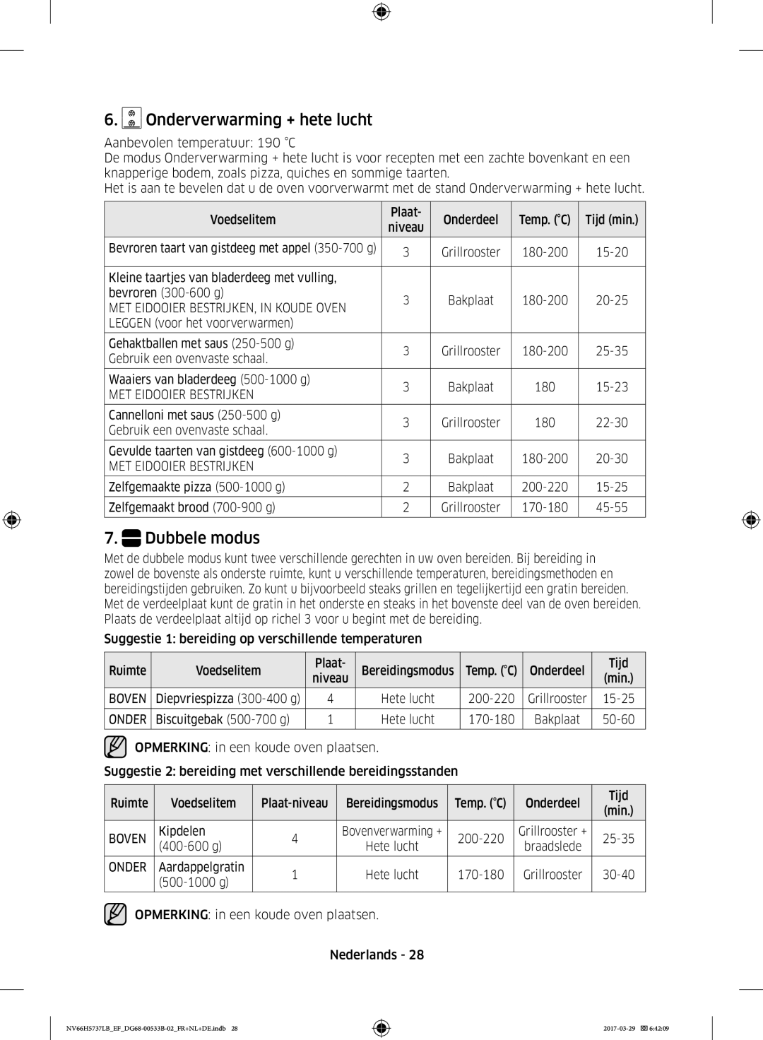 Samsung NV66H5737LB/EF manual Onderverwarming + hete lucht, MET Eidooier BESTRIJKEN, in Koude Oven, MET Eidooier Bestrijken 