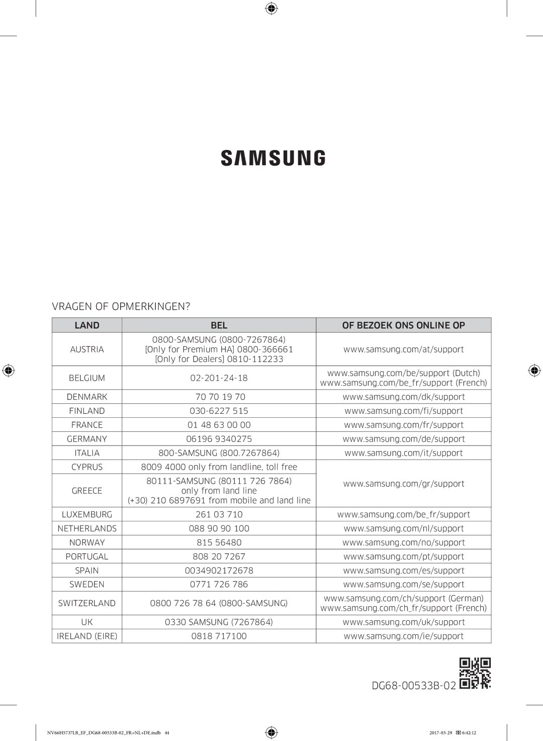 Samsung NV66H5737LB/EF manual Vragen of OPMERKINGEN?, Land BEL Bezoek ONS Online OP 