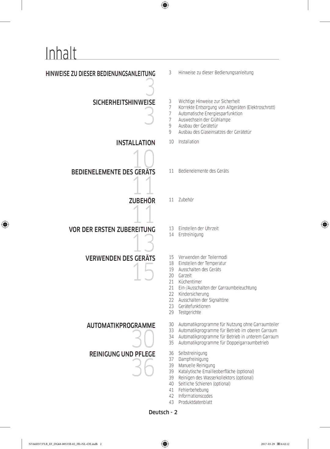 Samsung NV66H5737LB/EF manual Inhalt, Deutsch 