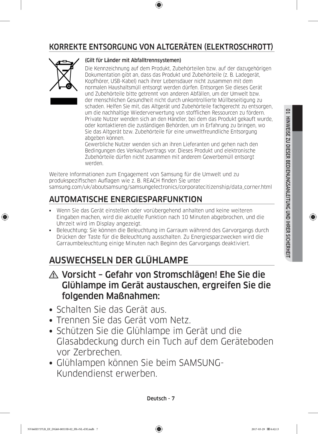 Samsung NV66H5737LB/EF manual Automatische Energiesparfunktion, Korrekte Entsorgung VON Altgeräten Elektroschrott 