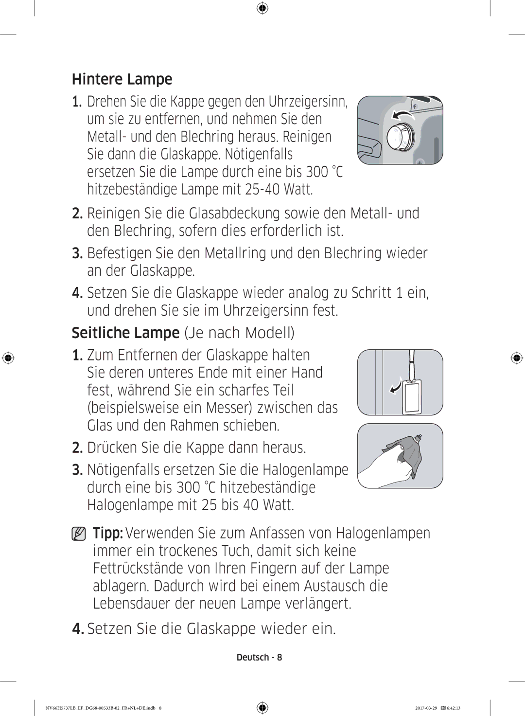 Samsung NV66H5737LB/EF manual Hintere Lampe Drehen Sie die Kappe gegen den Uhrzeigersinn 