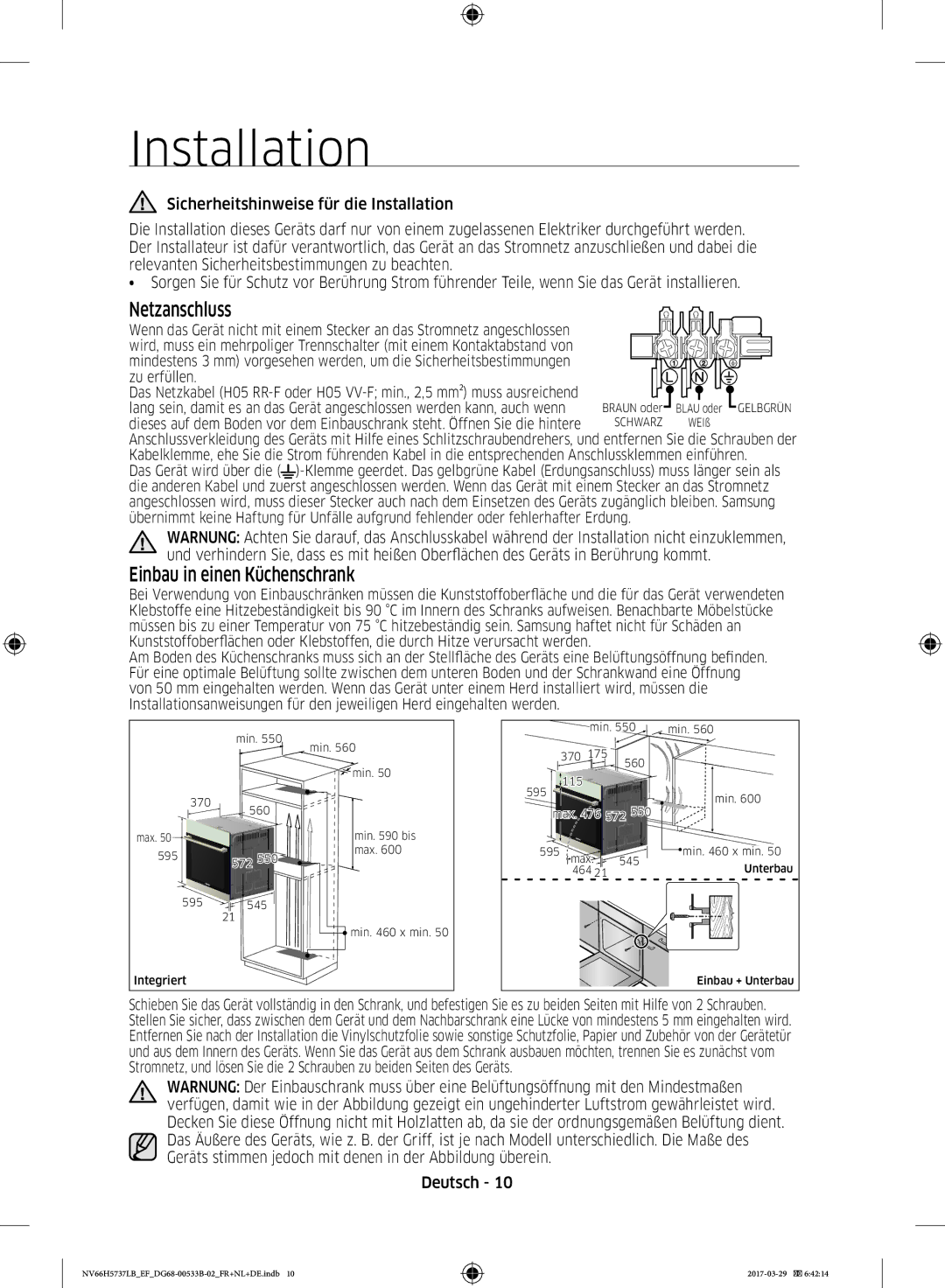 Samsung NV66H5737LB/EF manual Netzanschluss, Einbau in einen Küchenschrank 