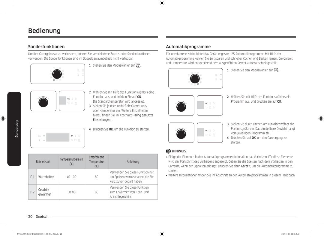 Samsung NV66M3531BS/EF manual Sonderfunktionen, Automatikprogramme 