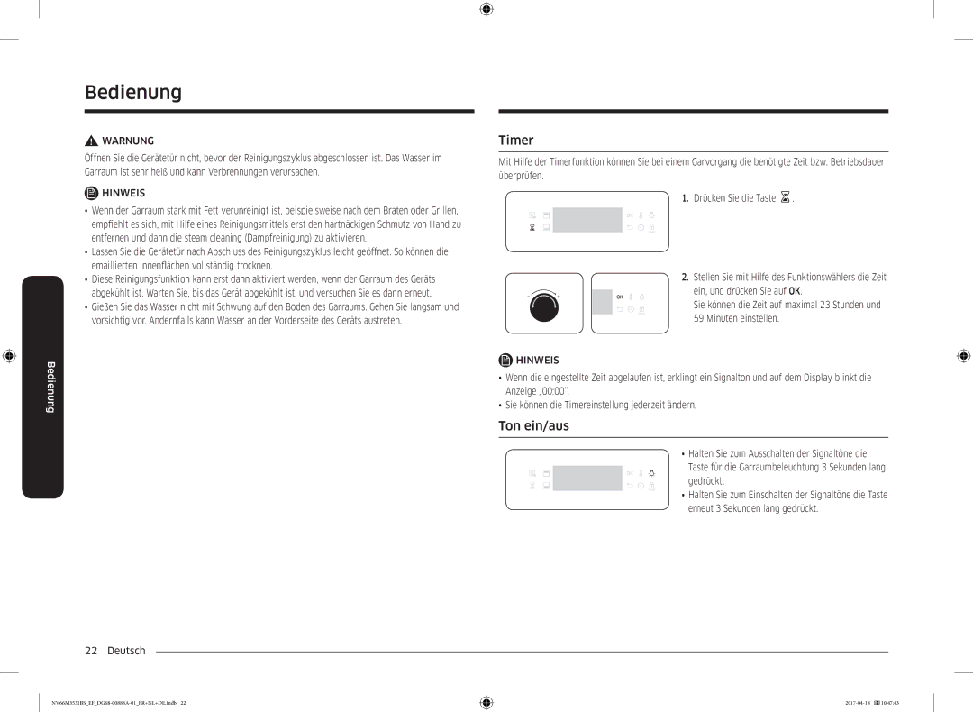 Samsung NV66M3531BS/EF manual Timer, Ton ein/aus 