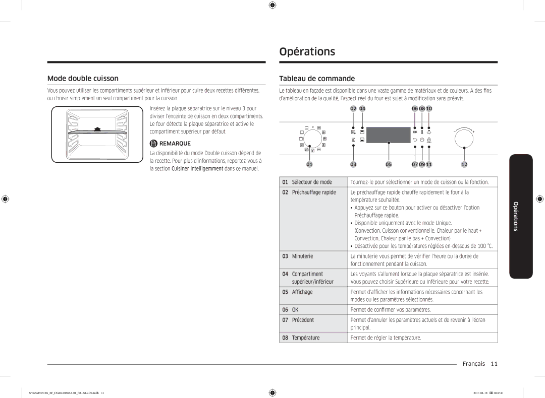 Samsung NV66M3531BS/EF manual Opérations, Mode double cuisson, Tableau de commande 