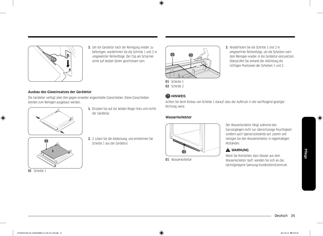 Samsung NV66M3531BS/EF manual Der Gerätetür, Wiederholen Sie die Schritte 1 und 2, Scheibe 