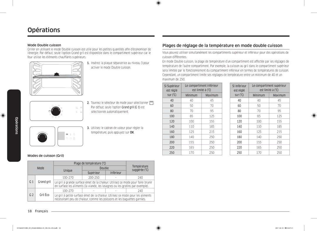 Samsung NV66M3531BS/EF manual Plages de réglage de la température en mode double cuisson 