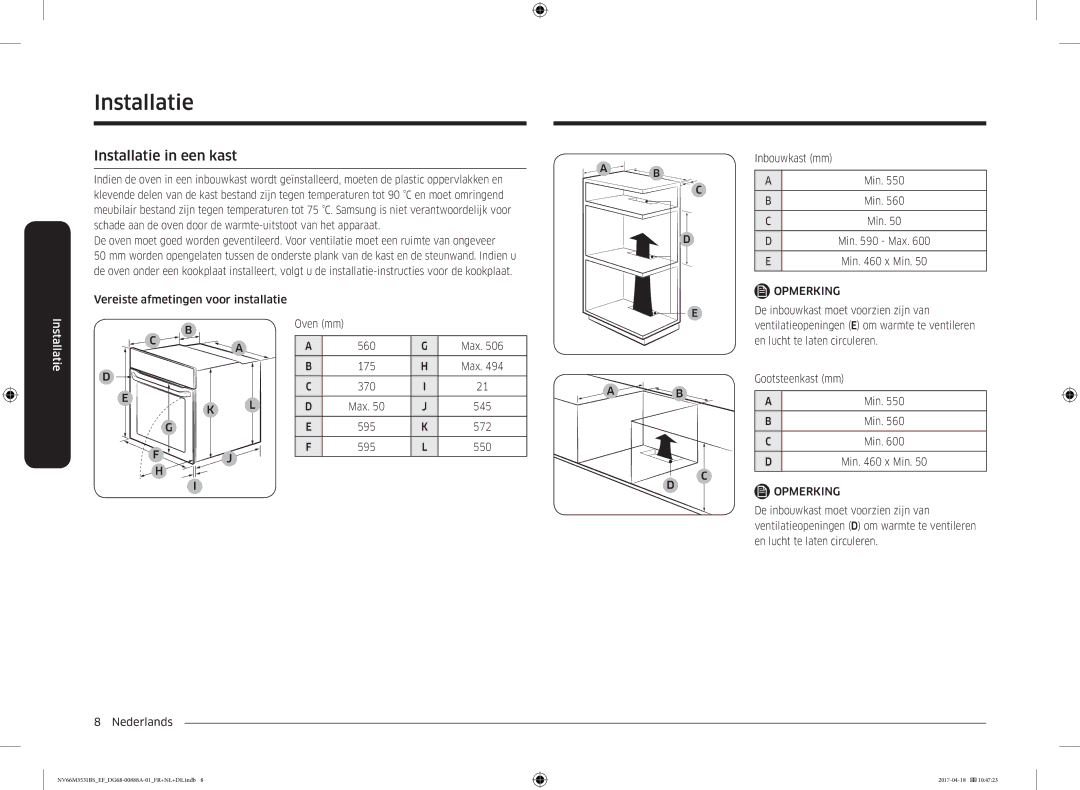 Samsung NV66M3531BS/EF manual Installatie in een kast 