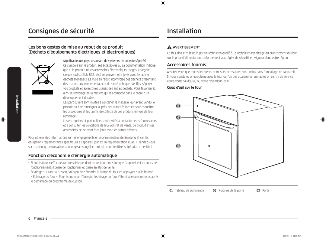 Samsung NV66M3531BS/EF InstallationConsignes de sécurité, Fonction déconomie dénergie automatique, Accessoires fournis 