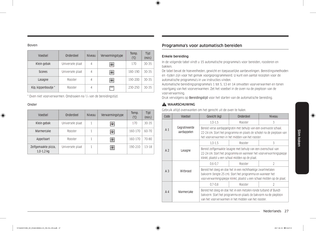 Samsung NV66M3531BS/EF manual Programmas voor automatisch bereiden, Boven Voedsel Onderdeel Niveau 