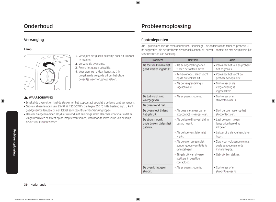 Samsung NV66M3531BS/EF manual Onderhoud Probleemoplossing, Vervanging, Controlepunten 