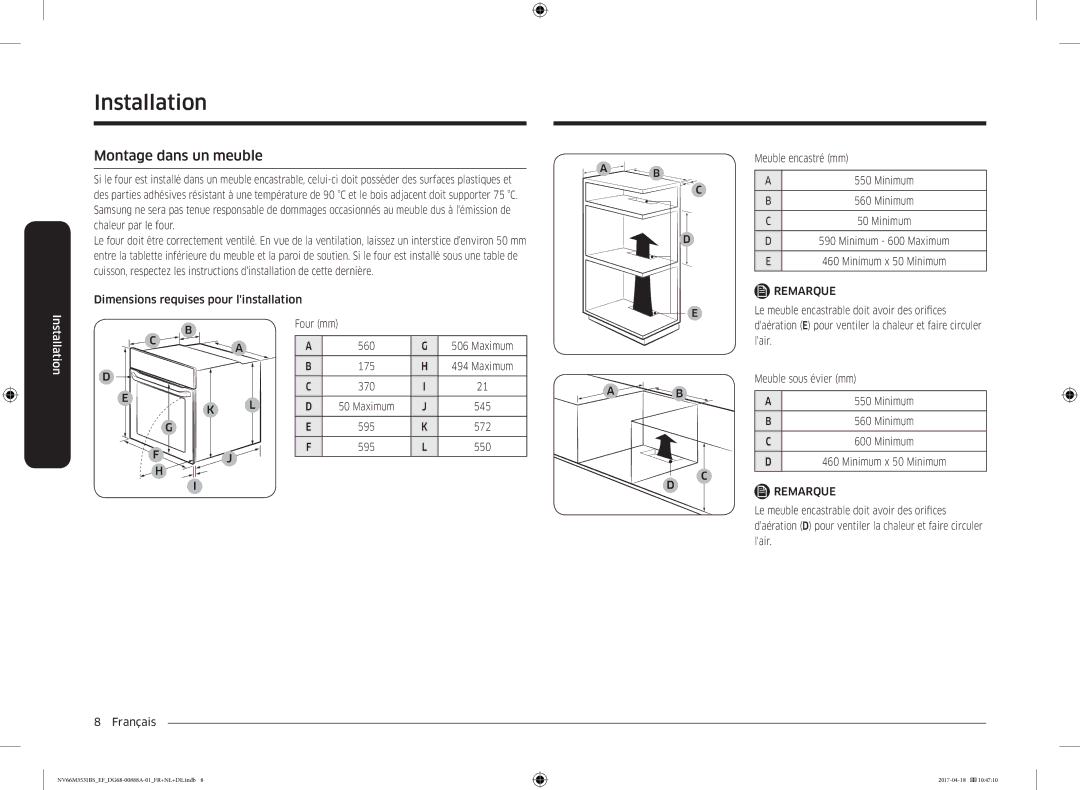 Samsung NV66M3531BS/EF manual Installation, Montage dans un meuble, Four mm 560 Maximum 