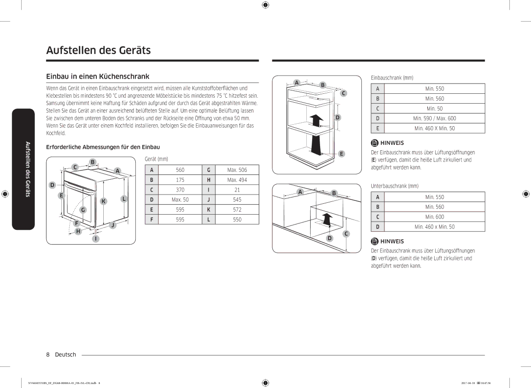 Samsung NV66M3531BS/EF manual Einbau in einen Küchenschrank, Erforderliche Abmessungen für den Einbau Einbauschrank mm 