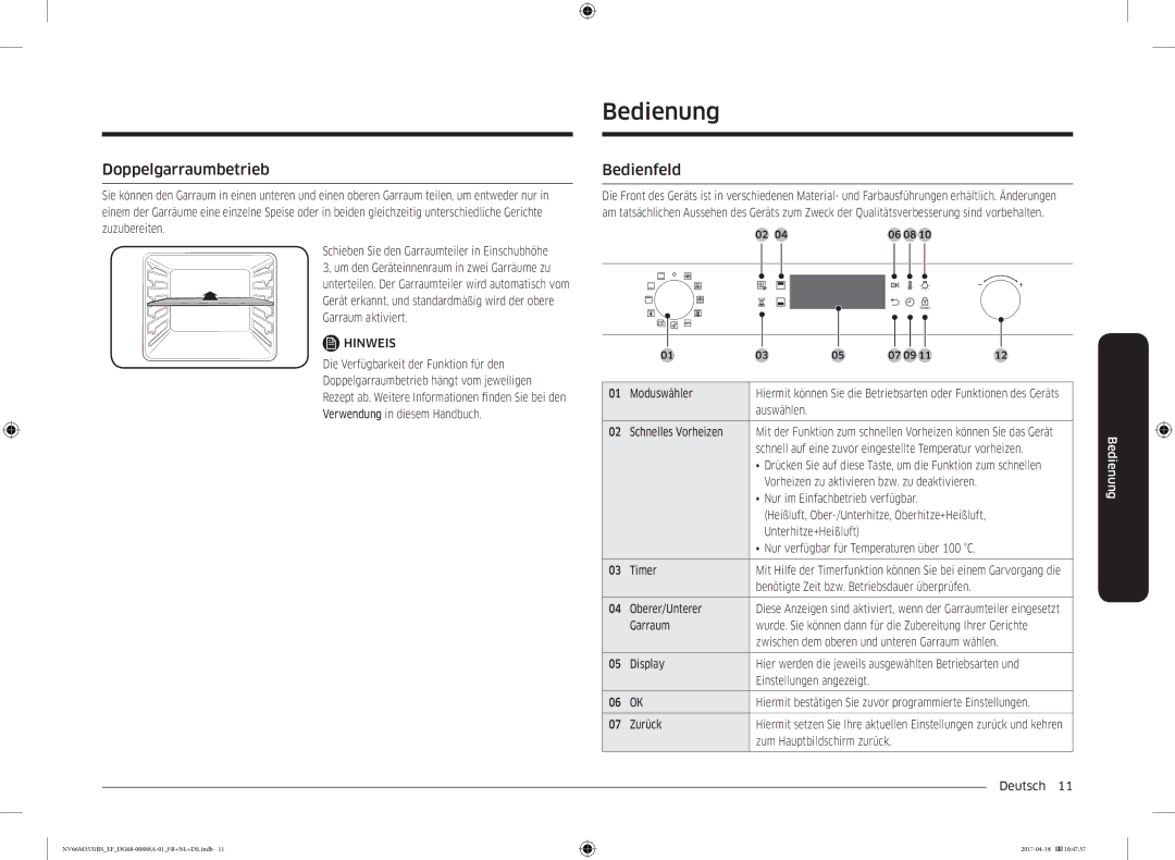 Samsung NV66M3531BS/EF manual Bedienung, Doppelgarraumbetrieb, Bedienfeld 