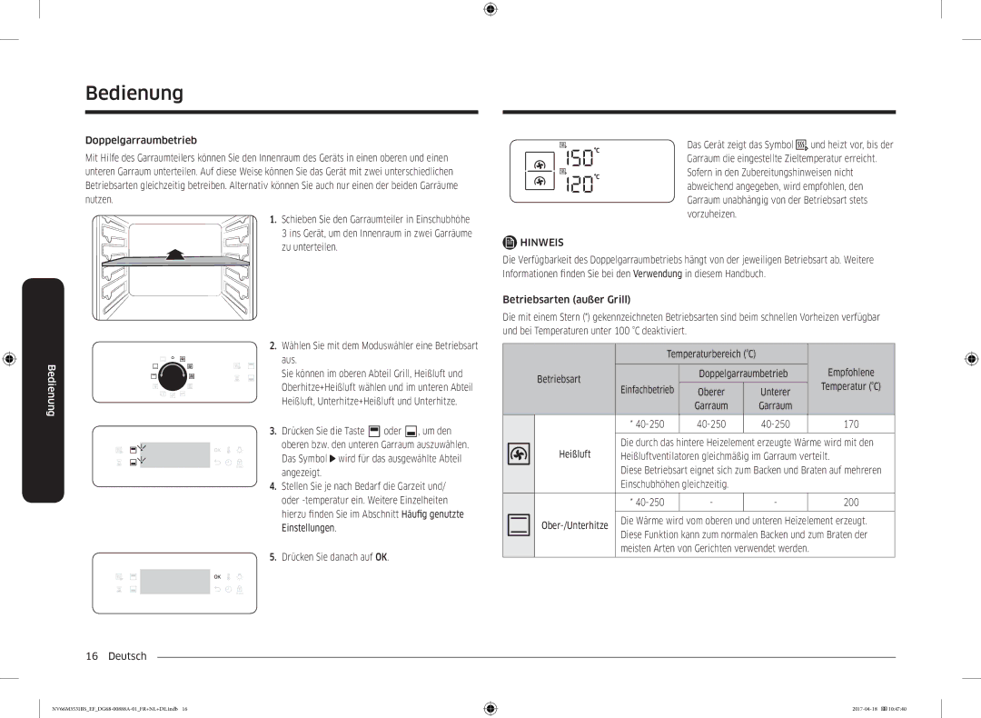 Samsung NV66M3531BS/EF manual Betriebsart Doppelgarraumbetrieb, Oberer Unterer, Einschubhöhen gleichzeitig 40-250 