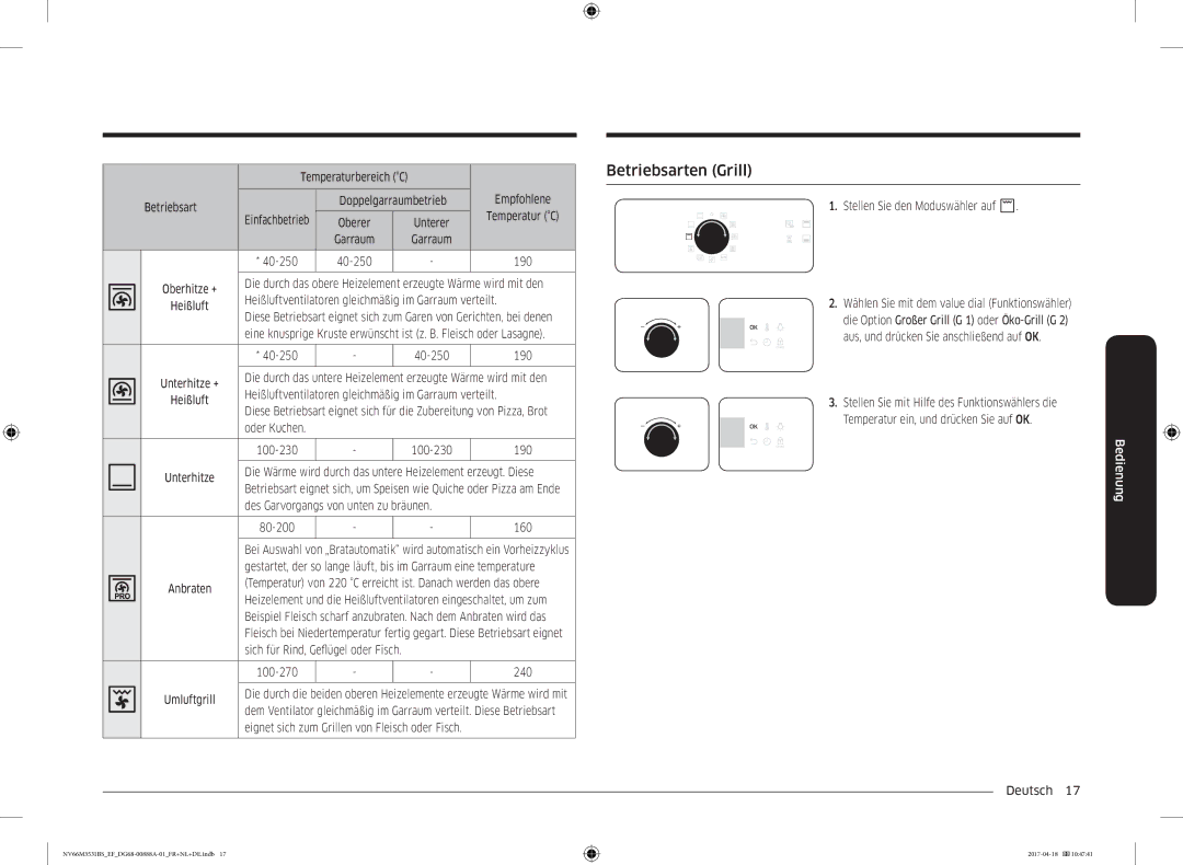 Samsung NV66M3531BS/EF manual Betriebsarten Grill, Temperaturbereich C, Des Garvorgangs von unten zu bräunen, Fisch 