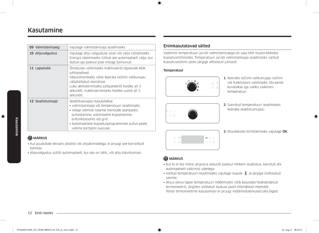 Samsung NV66M3531BS/EO manual Enimkasutatavad sätted 