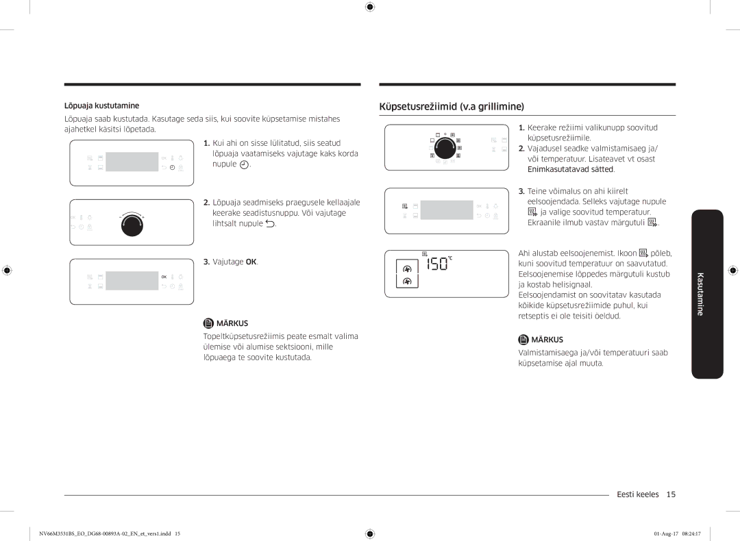 Samsung NV66M3531BS/EO manual Küpsetusrežiimid v.a grillimine 