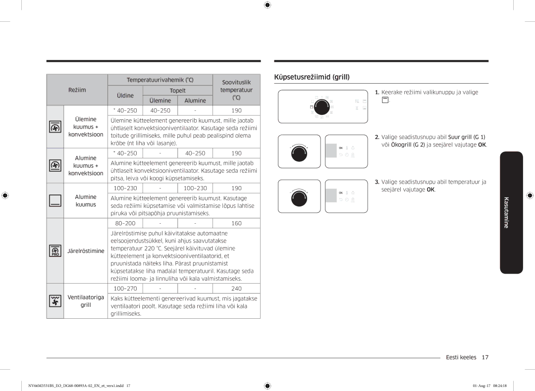 Samsung NV66M3531BS/EO manual Küpsetusrežiimid grill 