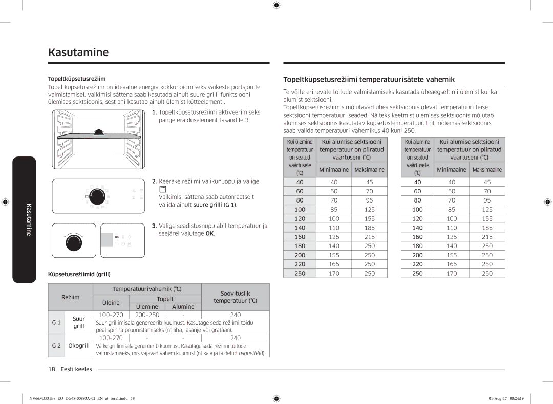 Samsung NV66M3531BS/EO manual Topeltküpsetusrežiimi temperatuurisätete vahemik 