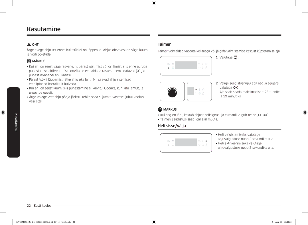 Samsung NV66M3531BS/EO manual Taimer, Heli sisse/välja 