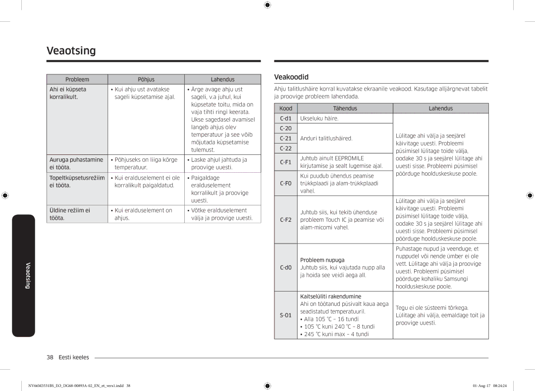 Samsung NV66M3531BS/EO manual Veakoodid 