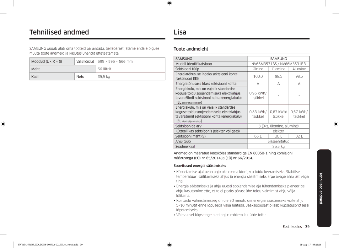 Samsung NV66M3531BS/EO manual Tehnilised andmed, Lisa, Toote andmeleht 