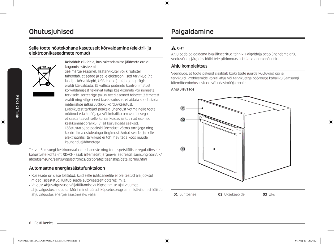 Samsung NV66M3531BS/EO manual PaigaldamineOhutusjuhised, Automaatne energiasäästufunktsioon, Ahju komplektsus 