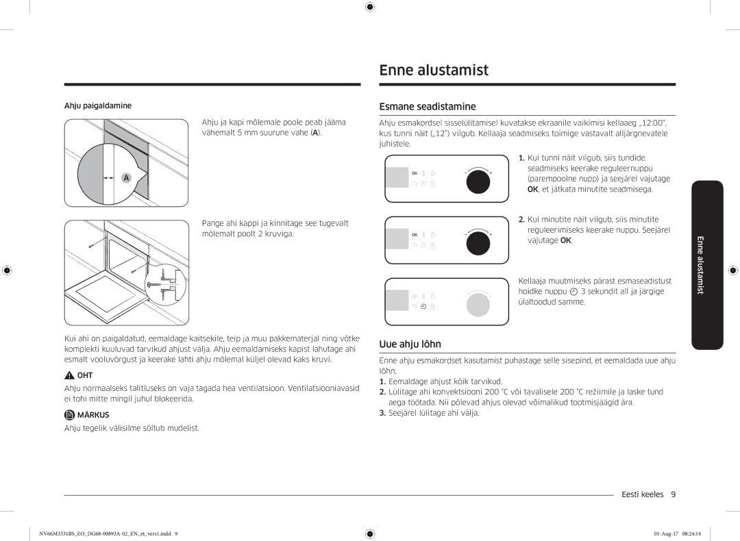 Samsung NV66M3531BS/EO manual Enne alustamist, Esmane seadistamine, Uue ahju lõhn 