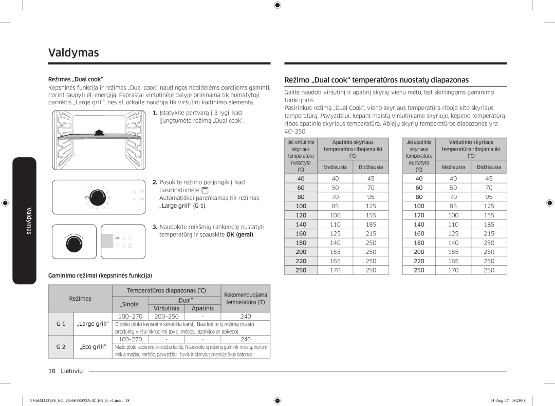 Samsung NV66M3531BS/EO manual Režimo „Dual cook temperatūros nuostatų diapazonas 