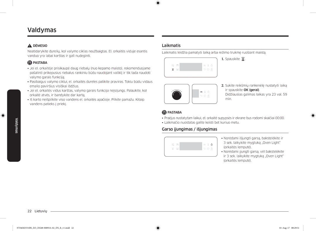 Samsung NV66M3531BS/EO manual Laikmatis, Garso įjungimas / išjungimas 