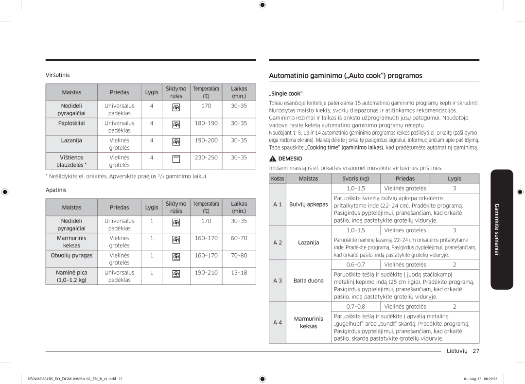 Samsung NV66M3531BS/EO manual Automatinio gaminimo „Auto cook programos 