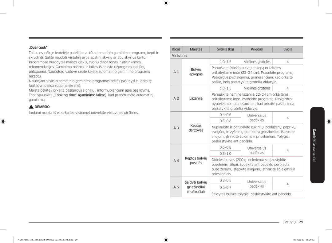 Samsung NV66M3531BS/EO manual Dėmesio 